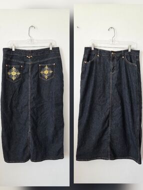 Street Jeans Dark Wash Denim Jean Maxi Skirt Y2K 90s Embroidered Hippie Large